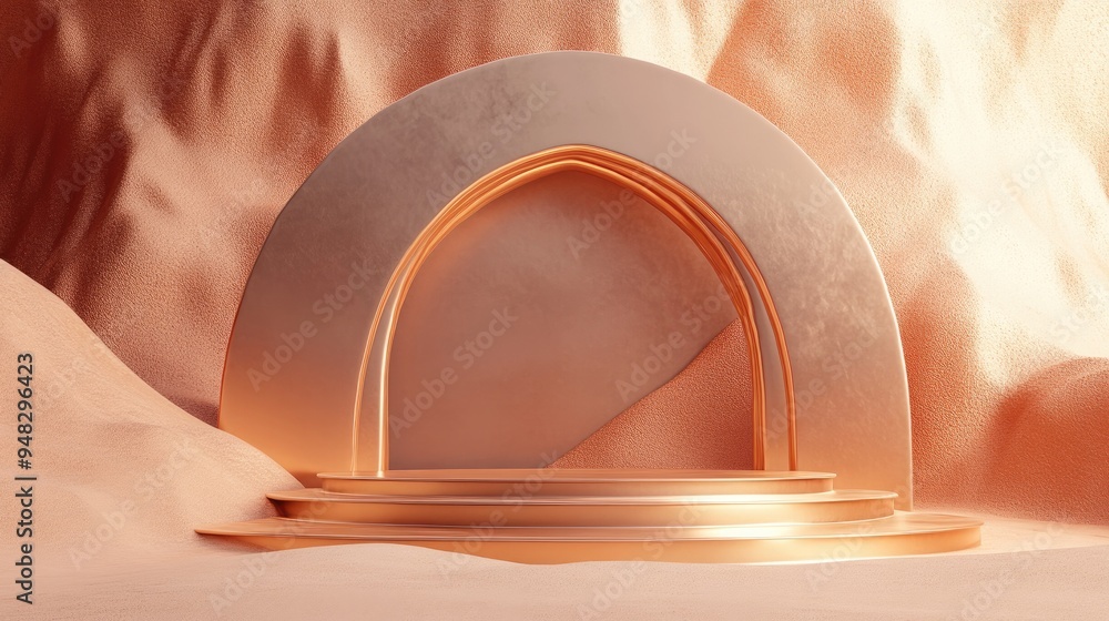 Poster Abstract sandy dune cliffs featuring a metallic podium stand Surreal desert landscape backdrop showcasing glossy metallic arches in a geometric design 3D render