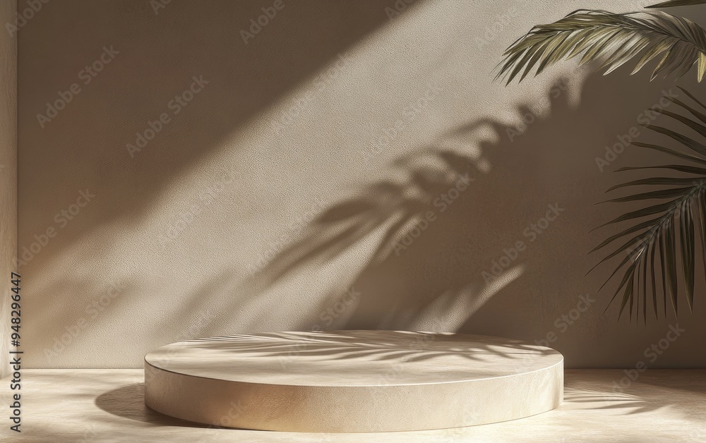 Poster stone display podium featuring natural leaf shadows against a brown backdrop 3d rendering