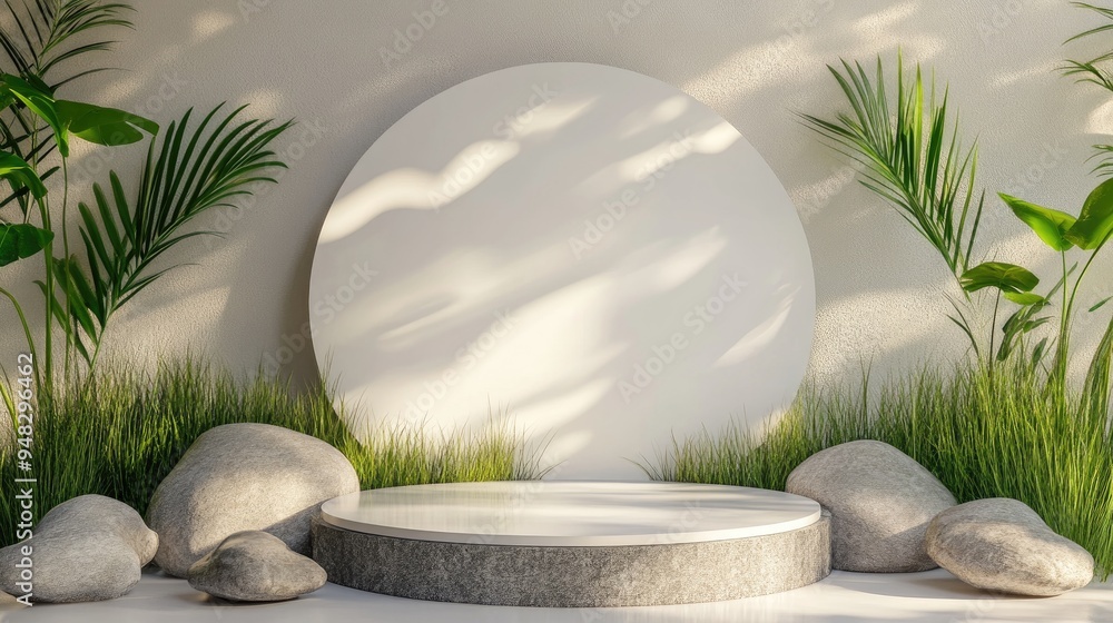 Aufkleber Product display podium featuring an abstract backdrop with stones and grass elements 3D rendering