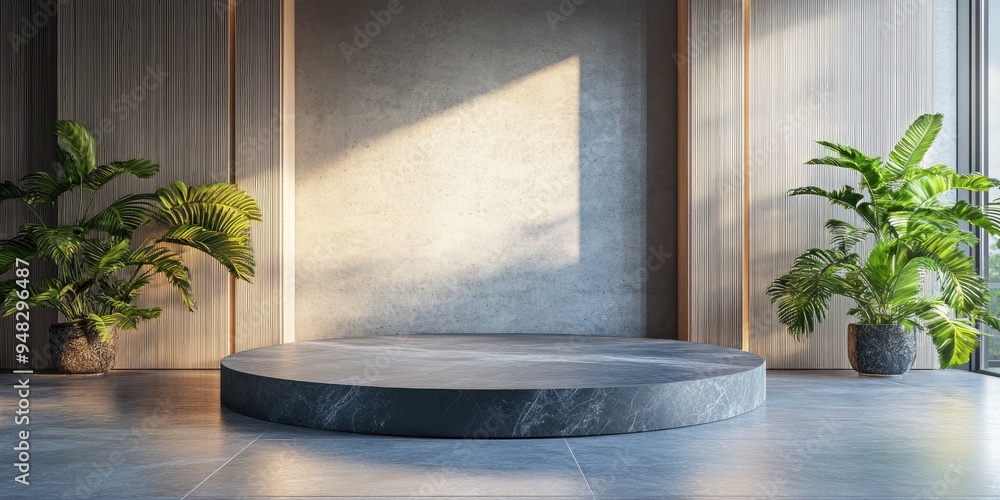 Poster granite podium in a minimalist design with a tropical aesthetic 3d rendering