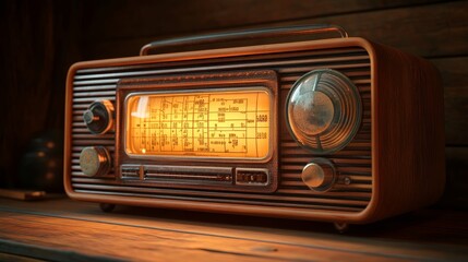 Fototapeta premium A classic 1950s radio with visible copper wiring and components, set against a dark wood background, lit by soft, golden light, Retro, Realism, Photorealistic