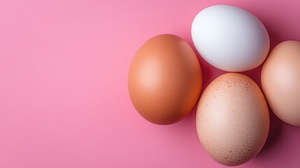 Fototapeta premium An assortment of fresh eggs in different shades and sizes arranged against a minimalist pink background, captured to showcase simplicity, natural food, and farm produce.