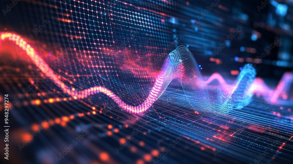 Poster a close-up of a digital representation of electromagnetic wave patterns, showing the wave frequency 