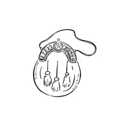 A sporran; a traditional Scottish item of clothing that is used as a pocket or bag for in front of the male kilt. Black and white drawing as a vector.
