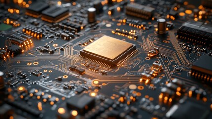 Obraz premium A detailed depiction of a beryllium copper circuit board embedded in a sleek high-frequency communication device, glowing with signals, set against a dark futuristic backdrop