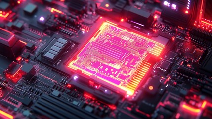 Obraz premium A detailed exploded view of a laptop, exposing the copper board and inner components, holographic overlay, cyberpunk style, vibrant color palette, digital art