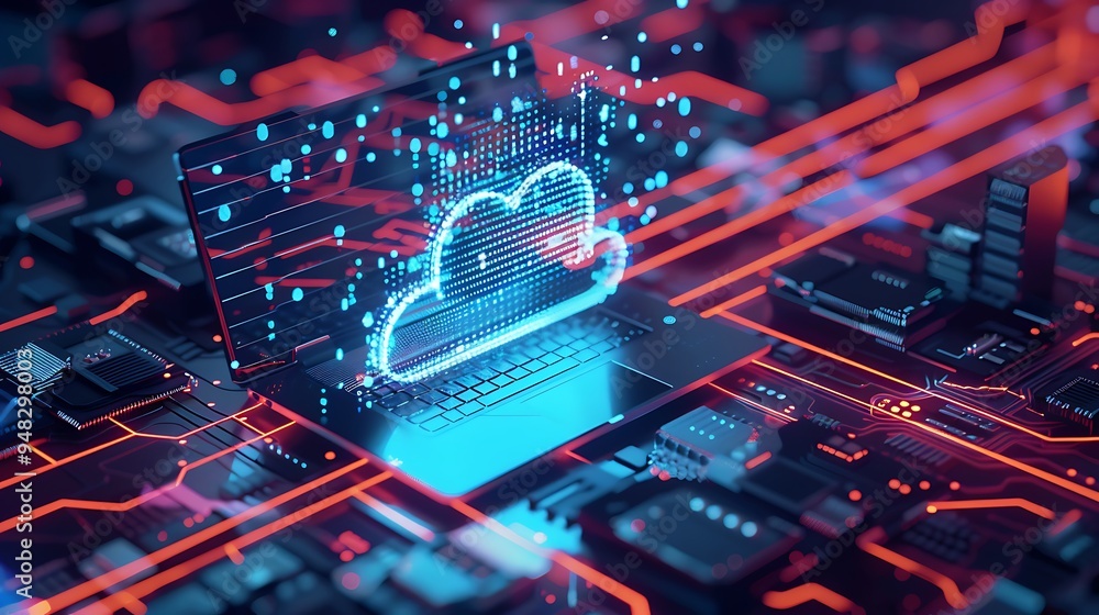 Poster exploring the future of technology with a laptop and cloud connection