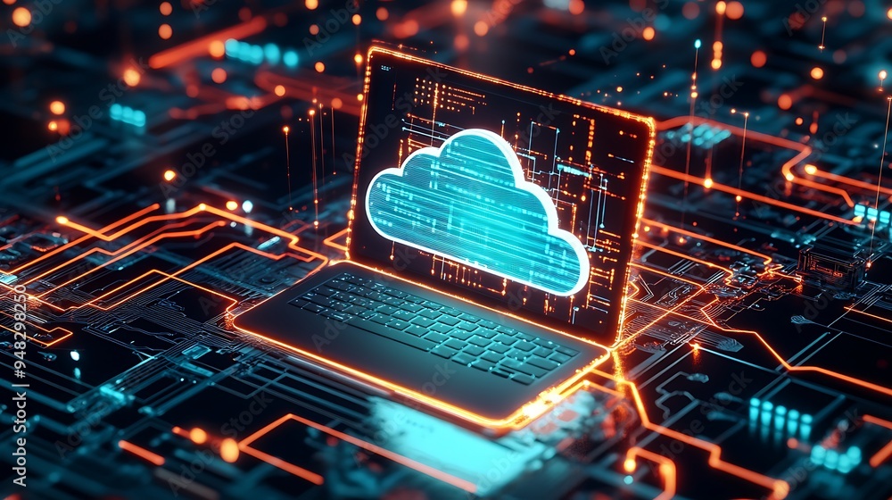 Aufkleber exploring the future of technology with a laptop and cloud connection