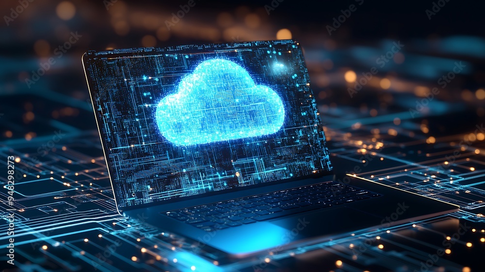 Poster exploring the future of technology with a laptop and cloud connection
