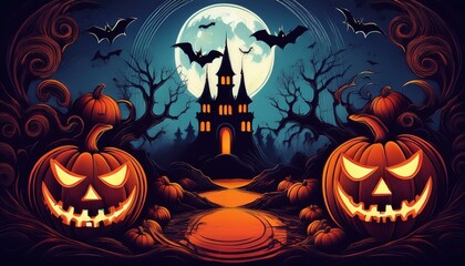 Fototapeta premium Dark poster with close-up of jack-o'-lantern's eyes, bats, and castle silhouette.