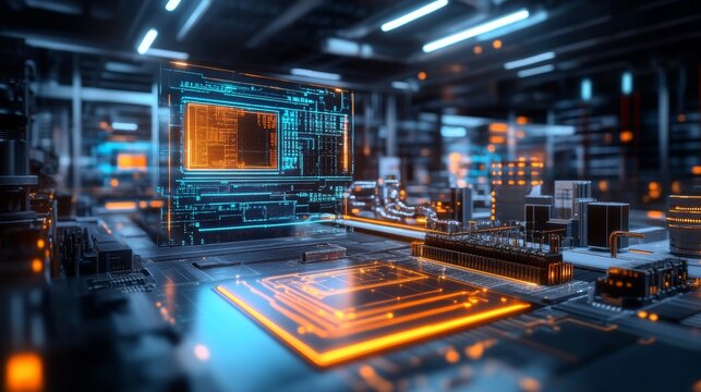 A futuristic electronics lab with a focus on a copper board, highlighted by holographic data projections, surrounded by sleek tools and gadgets. Sci-fi, digital painting, high-tech aesthetic