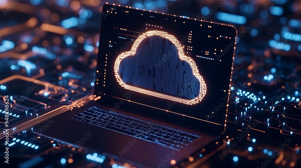 Poster exploring the future of technology with a laptop and cloud connection