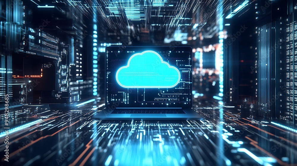 Poster exploring the future of technology with a laptop and cloud connection