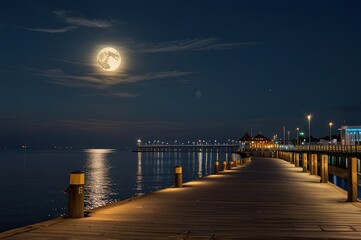 Obraz premium Full moon in July at the pier in Gdynia Orlowo. 