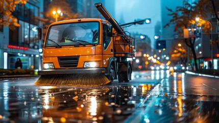 Close up of a street sweeper in action on a wet urban road with blurred buildings and cars