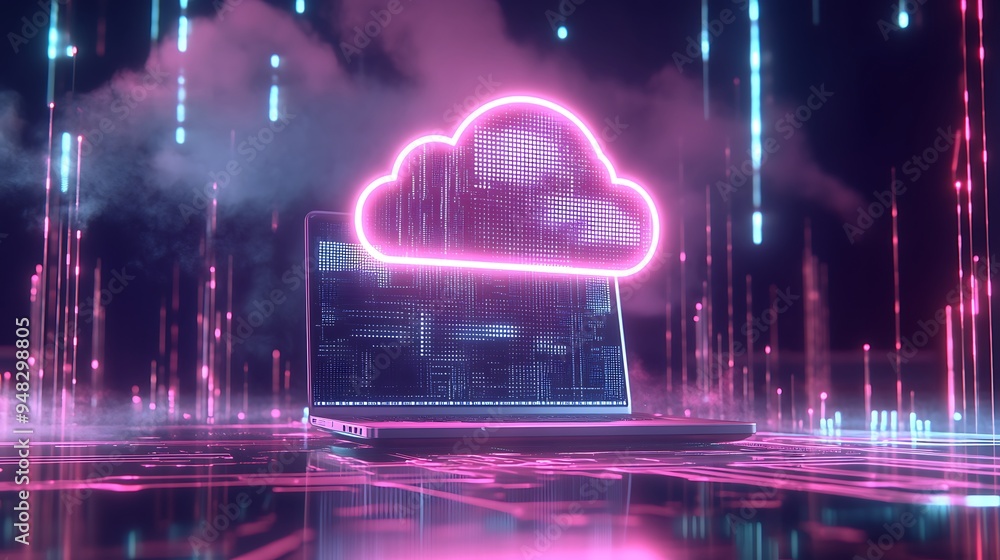 Poster exploring the future of technology with a laptop and cloud connection