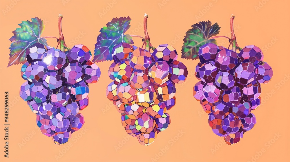 Poster digital artwork of three vibrant grape clusters with mosaic patterns on an orange background.