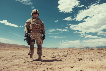 A soldier stands resilient in the vast desert, embodying strength and determination amidst the serene backdrop of nature.