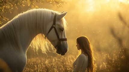 Woman and White Horse in Golden Light