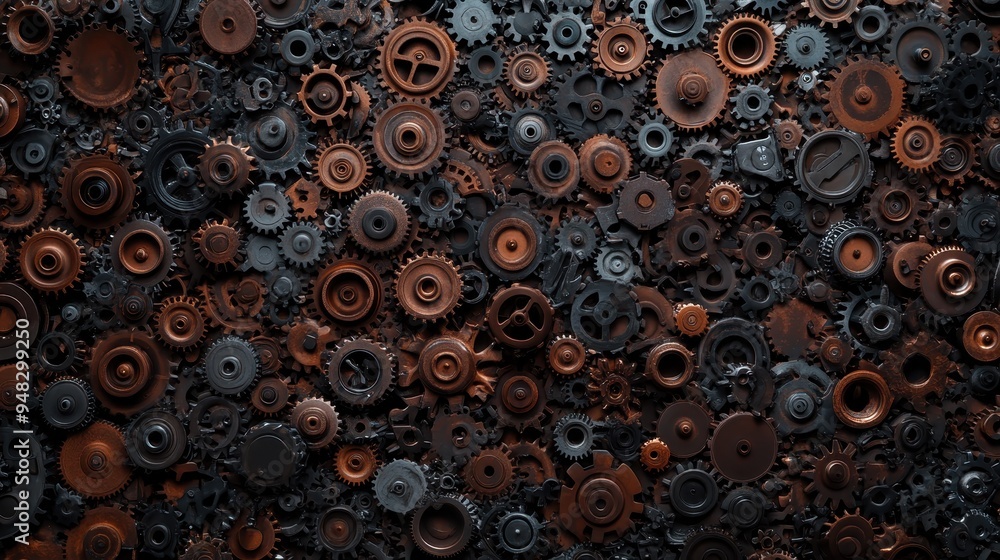 Poster close-up image of multiple interlocking gears of different sizes and shapes, representing the intric