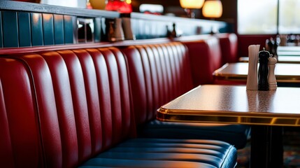 Retro American Diner Booths & Tables Closeup | Vintage Style Interior Design Details | Minimalist Background | 169 v 61