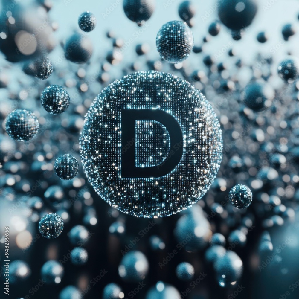 Poster a d search engine logo surrounded by floating data clusters