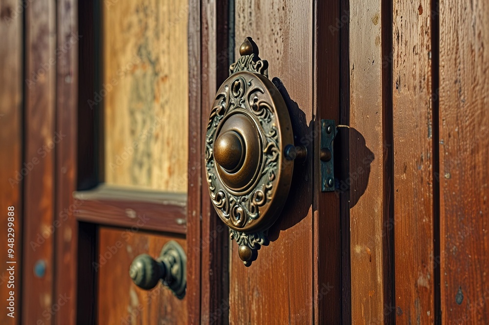 Wall mural Vintage classic bronze metal door bell hanging near door entrance outdoor.