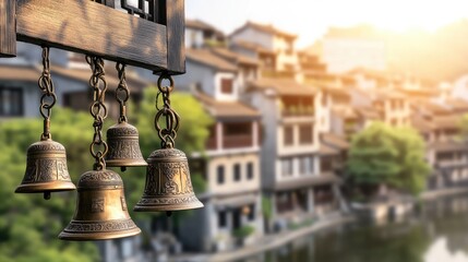 Fototapeta premium Tibetan bells hang delicately, providing a peaceful ambiance near a tranquil blue lake surrounded by blurred mountain scenery and rustic houses