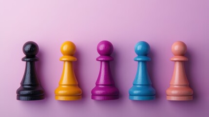 Five differently colored wooden pawns are neatly aligned, set against a vibrant light purple background, conveying simplicity, diversity, and a playful nature in design.