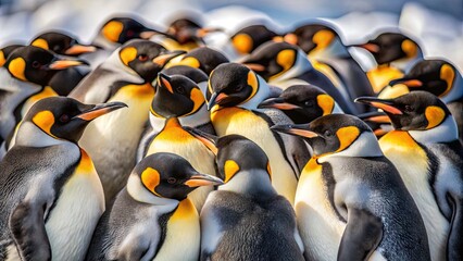 Adorable colony of penguins snuggled together in a tight circle, sharing body heat and protecting themselves from the harsh Antarctic winter elements.