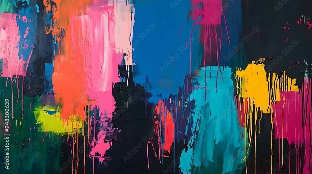 Poster a large-scale abstract painting characterized by its use of bold splashes of color, including neon p