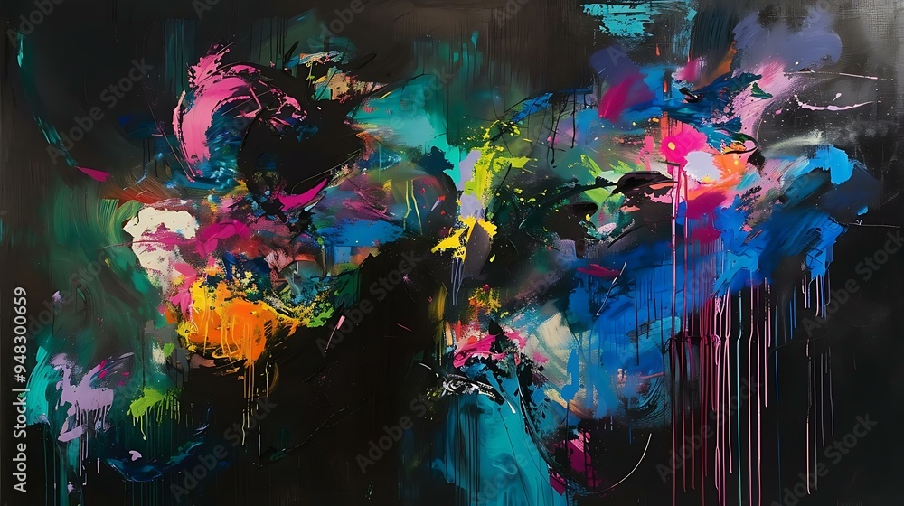 Poster a large-scale abstract painting characterized by its use of bold splashes of color, including neon p