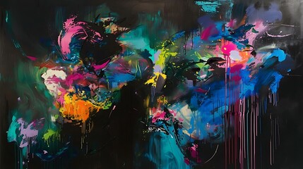 Fototapeta premium A large-scale abstract painting characterized by its use of bold splashes of color, including neon pinks, electric blues, and vivid greens, layered over a dark background, creating a striking