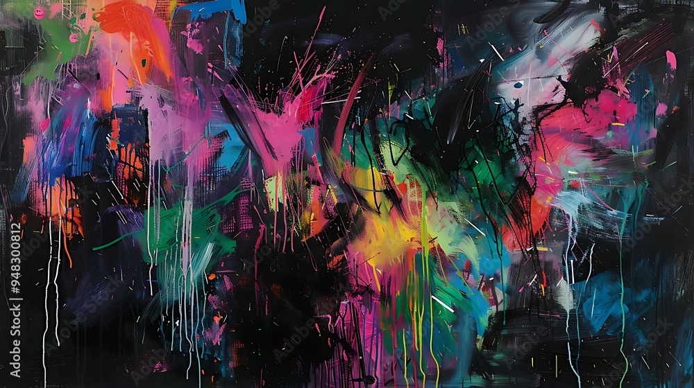 Poster a large-scale abstract painting characterized by its use of bold splashes of color, including neon p