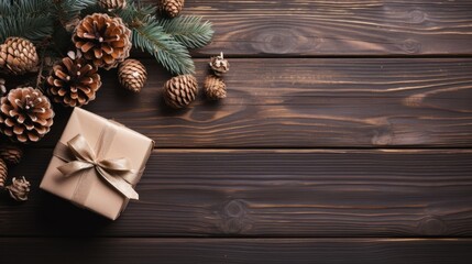 Festive Christmas Ambience: Delicate Pine Cones, Gift Boxes, and Rustic Wooden Table in 16:9 Aspect