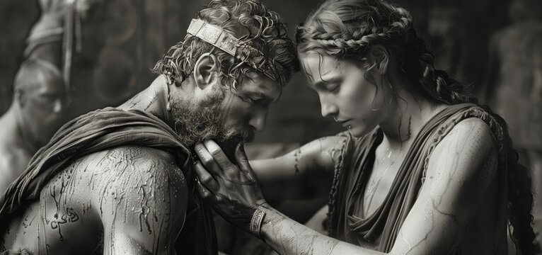 Ancient couple Samson and Delilah in tender moment with Biblical Story themed background