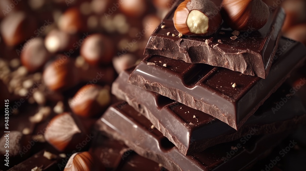 Poster 3d animation of dark chocolate bars stacked neatly, with hazelnuts placed on top