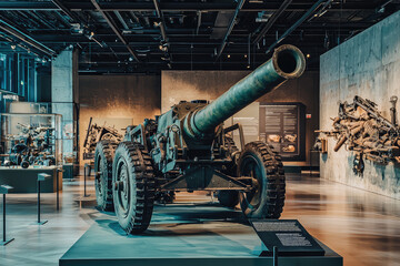 Obraz premium A striking vintage artillery piece stands proudly in a modern military museum, surrounded by numerous historical artifacts.
