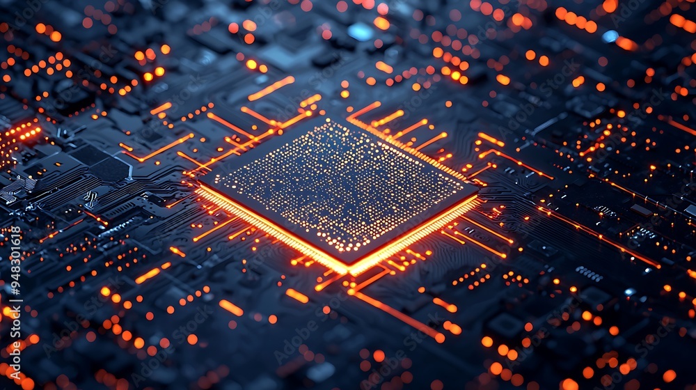 Poster a glowing cpu chip pulses with energy, nestled on a motherboard amidst intricate circuitry.
