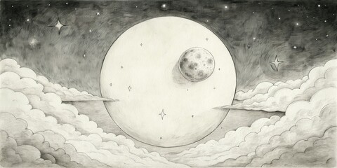 Detailed pencil drawing of the moon and clouds.