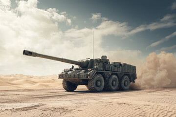 A formidable artillery vehicle maneuvers through a vast desert landscape, showcasing its power against a stunning sky backdrop.