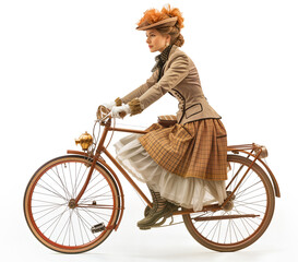 Elegant Victorian woman riding a vintage bicycle, isolated on white background, showcasing period fashion and classic style.