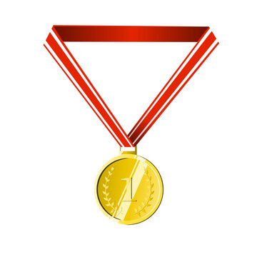 Gold Medal with Red and White Ribbon for First Place Achievement - Award Symbol of Victory, Honor, and Success - Vector Illustration for Sports, Competitions, Championships, and Recognition of Excelle