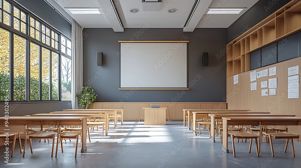 Poster a modern classroom with a projection screen, ready for a day of learning.