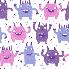 Cute doodle mosters. Cartoon illustration monster family. Vector abstract seamless pattern with cute monsters  in flat style