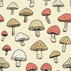 Vintage seamless pattern with mushroom. Doodle cartoon. Vector illustration, for print, fabric, wallpaper