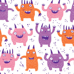 Monster faces seamless pattern. Cartoon monsters, mouths and teeth. Scary creatures vector print for kids.