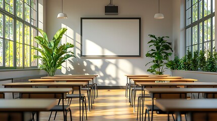 An empty classroom with a window, desk, plant, and sunlight creating a serene setting.
