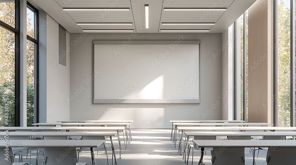 Poster a classroom flooded with light from large windows, featuring clean lines and functionality.