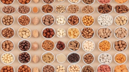 Various Chinese herbal medicines are displayed in white bowls on a beige surface, featuring ginger, goji berries, and assorted nuts arranged in a symmetrical pattern SEAMLESS PATTERN